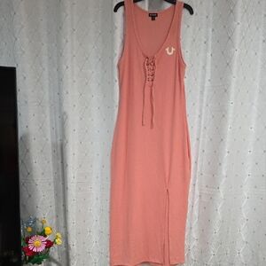 True Religion Sleeveless Lace-Up Midi Dress in Peach